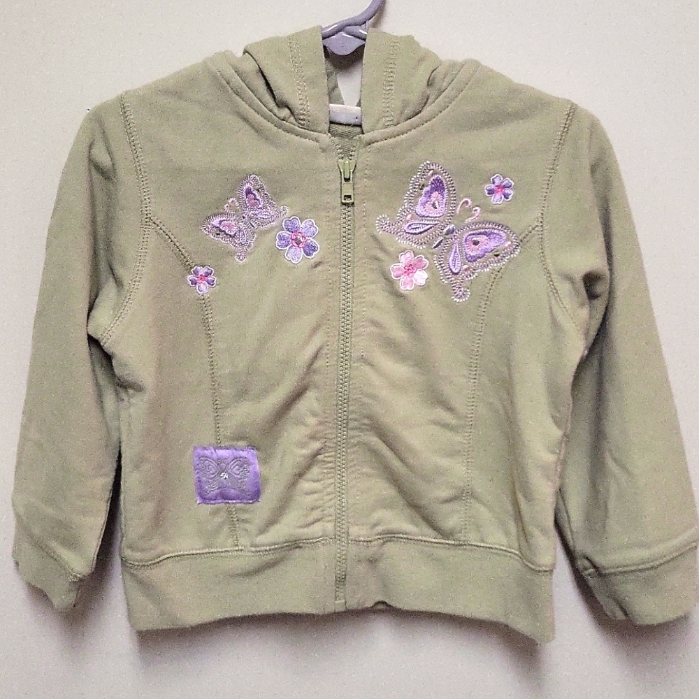 Cherokee Lt Mossy Green Hooded Terry Zipper Sweatshirt with Butterflies